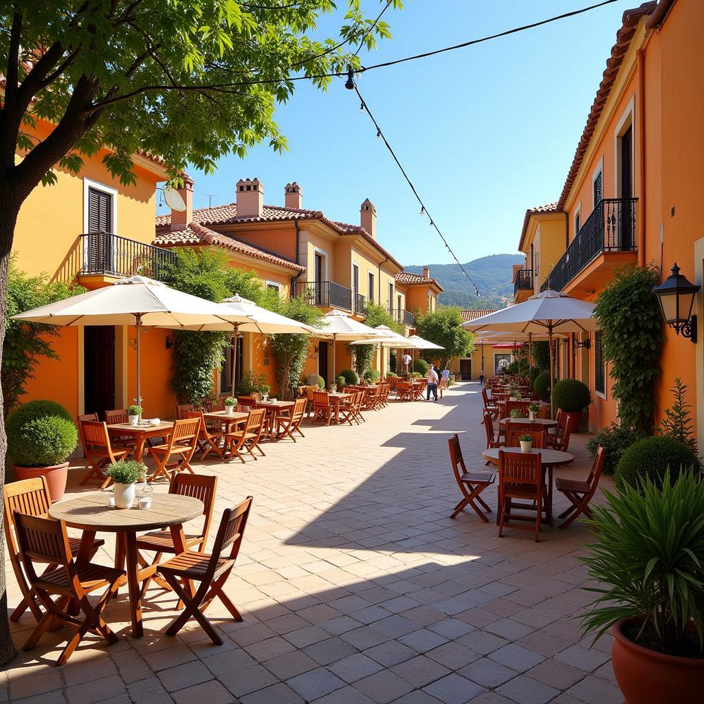 A lively village square in Spain filled with people enjoying tapas and drinks at outdoor cafes.