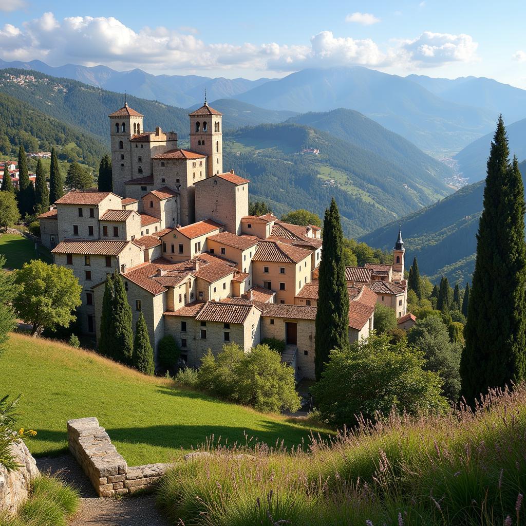 A picturesque view of white-washed houses perched on a hillside, overlooking the sparkling blue Mediterranean Sea.