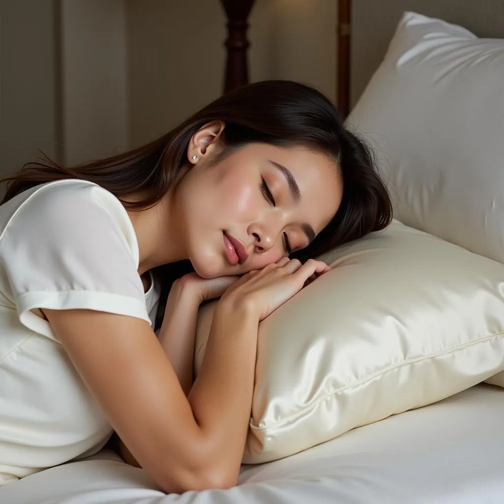 Woman sleeping peacefully on Zara Home silk pillowcase