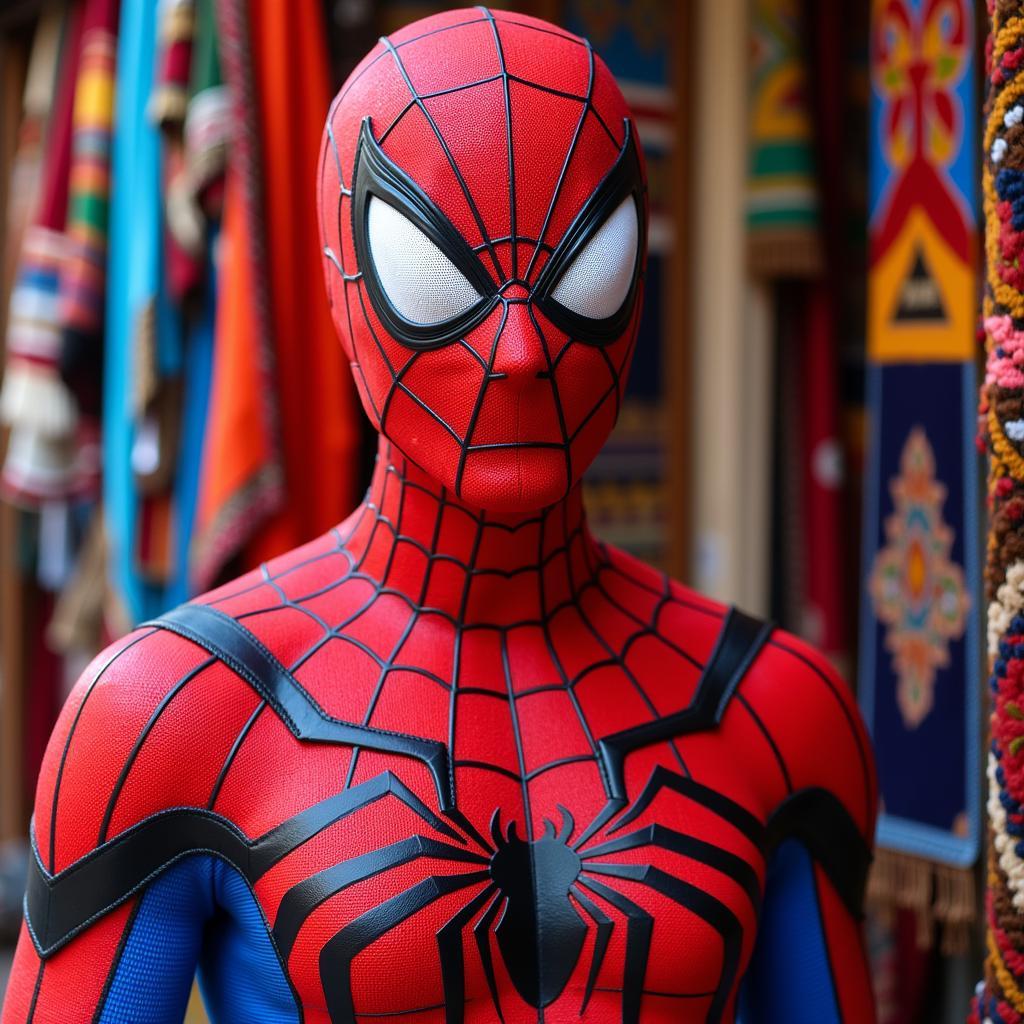 Spider-Man costume displayed in a Spanish market