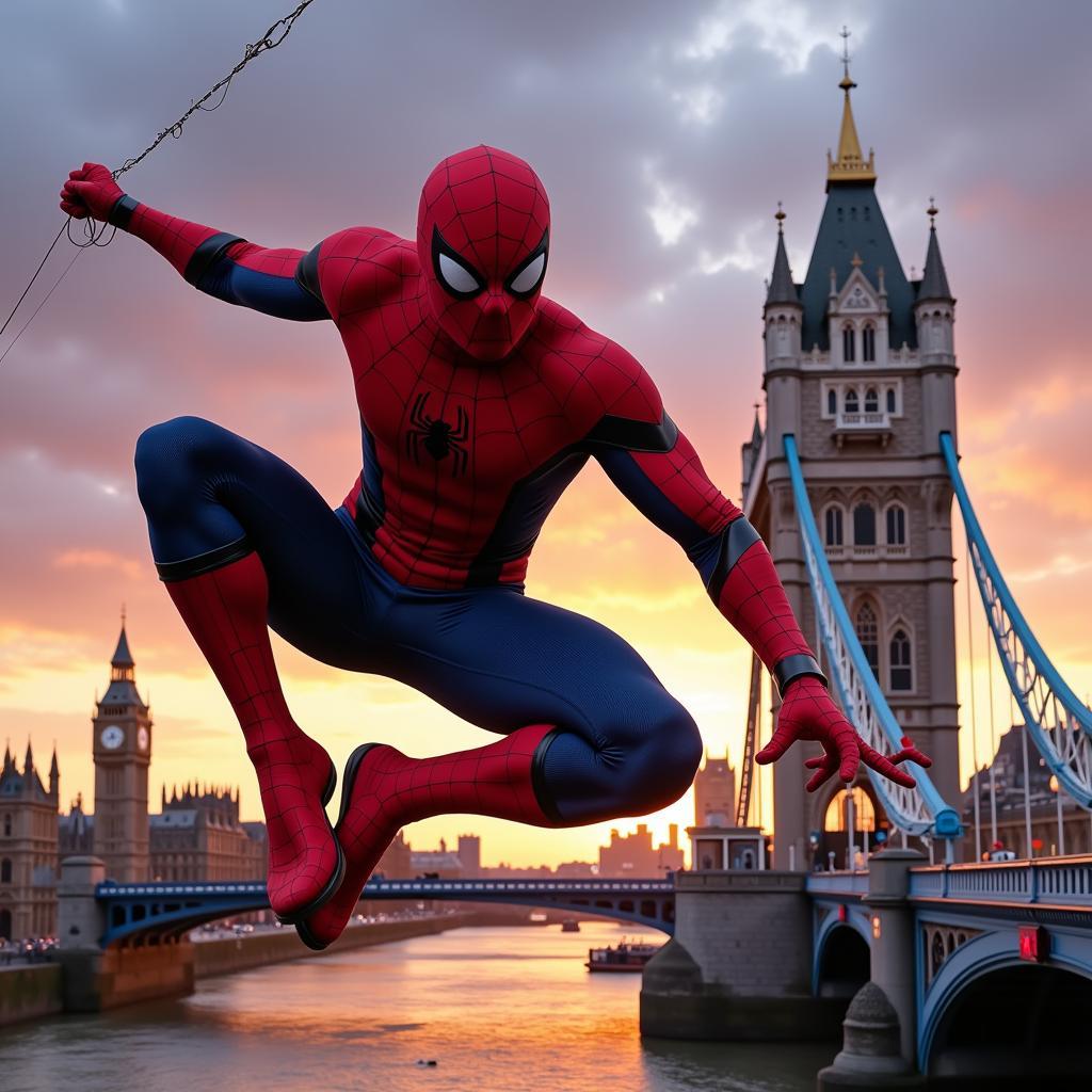 Spider-Man swinging near Tower Bridge 