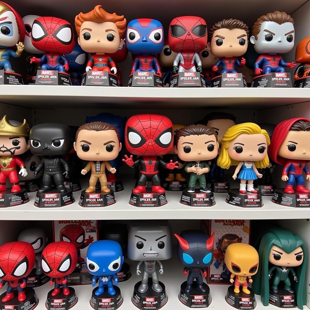 Spider-Man No Way Home Funko Pop collection displayed on a shelf.