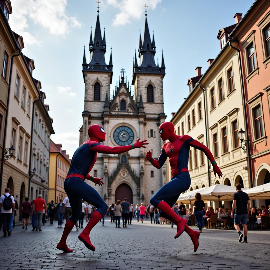 Spider-Man battling an illusion in Prague Old Town Square