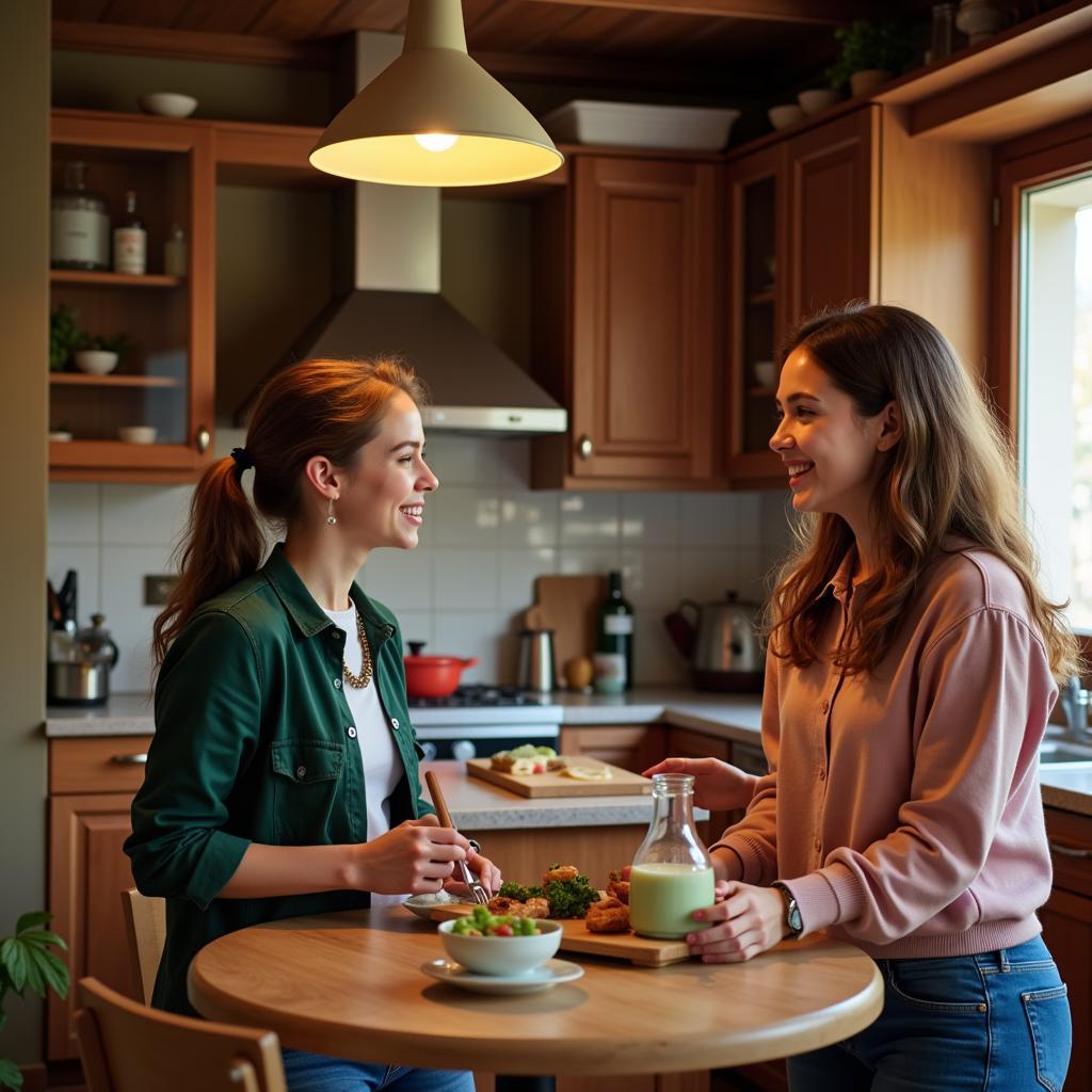 International Student Chatting with Host Mom in Spanish Kitchen