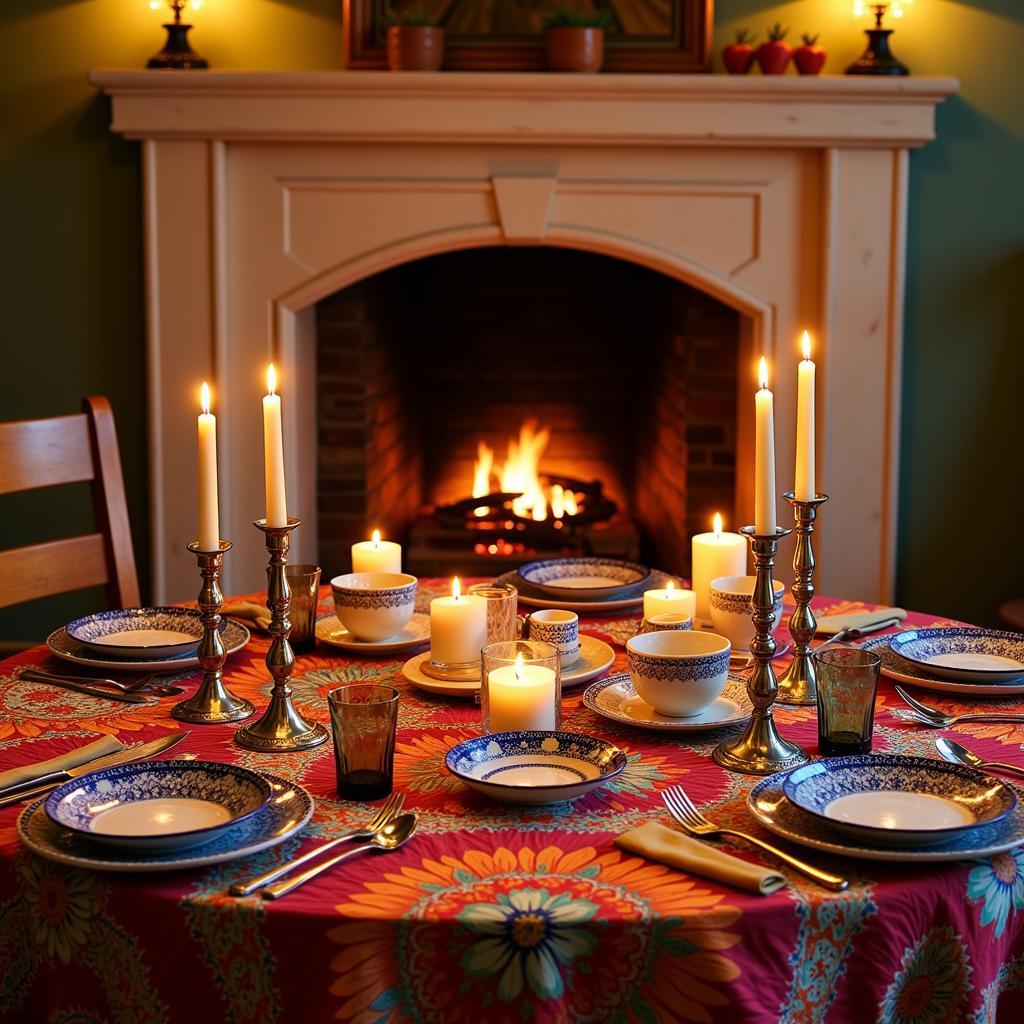 A beautifully styled mantel mesa rectangular Zara Home, adorned with candles, pottery, and a vibrant tablecloth.