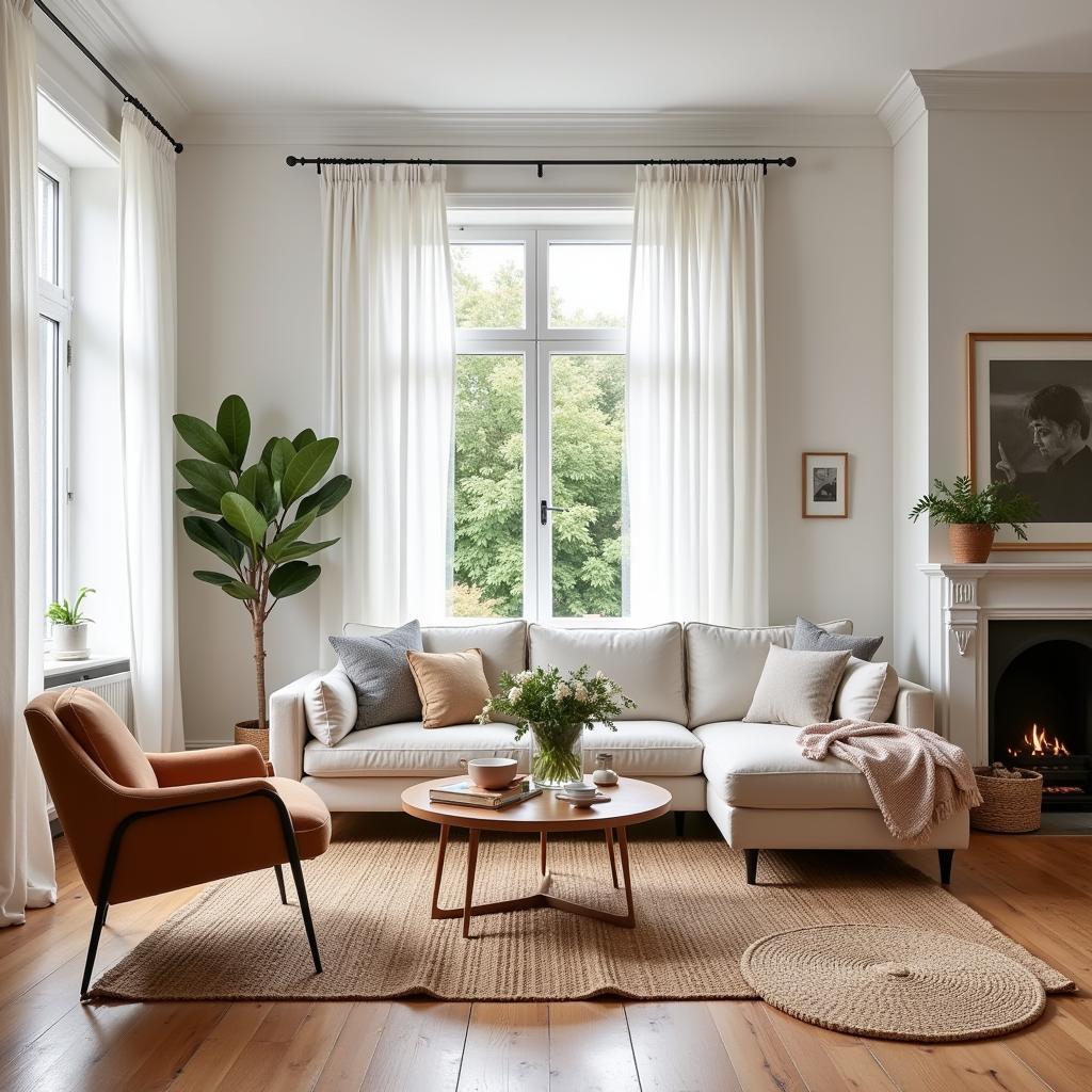 A beautifully decorated living room featuring furniture and accessories from Zara Home, showcasing a blend of modern and rustic elements.