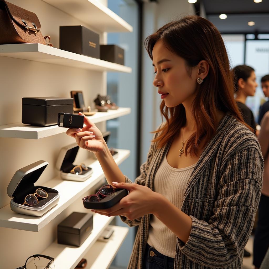 Stylish Woman Choosing Eyeglasses Case at Zara Home