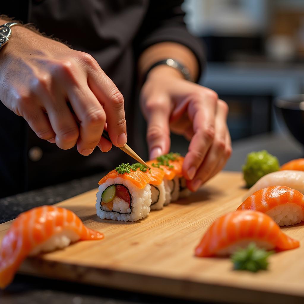 Sushi chef preparing a roll in Lloret de Mar