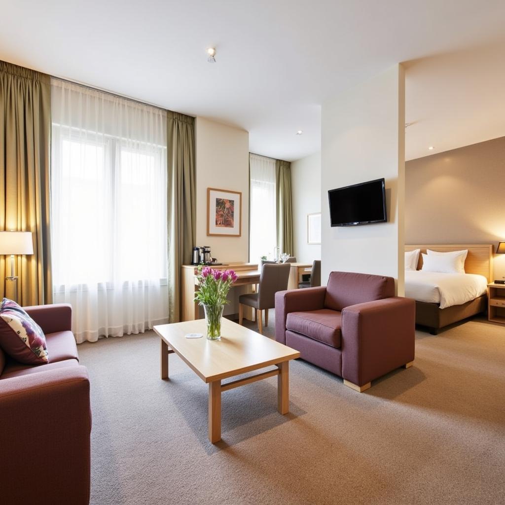 Spacious hotel room interior with modern amenities and Swiss decor