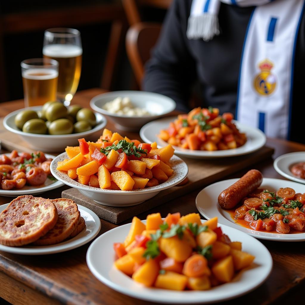 A table laden with traditional Spanish tapas, a Real Madrid scarf draped casually over a chair.