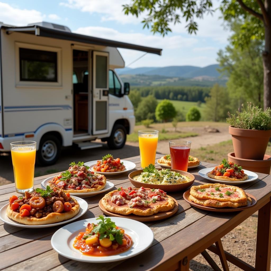 Enjoying tapas outside a mobile home in Spain