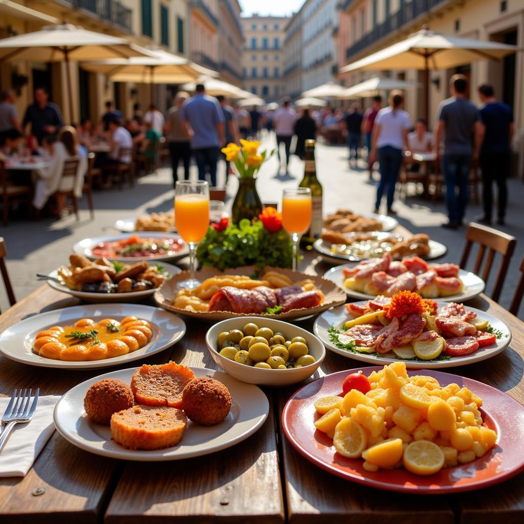 Tapas Spread in a Spanish Plaza