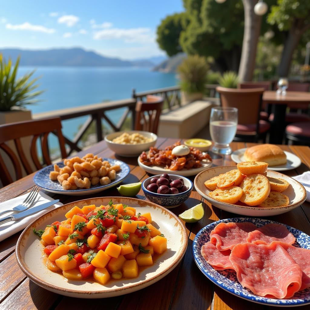 A colorful spread of tapas on a sunny terrace