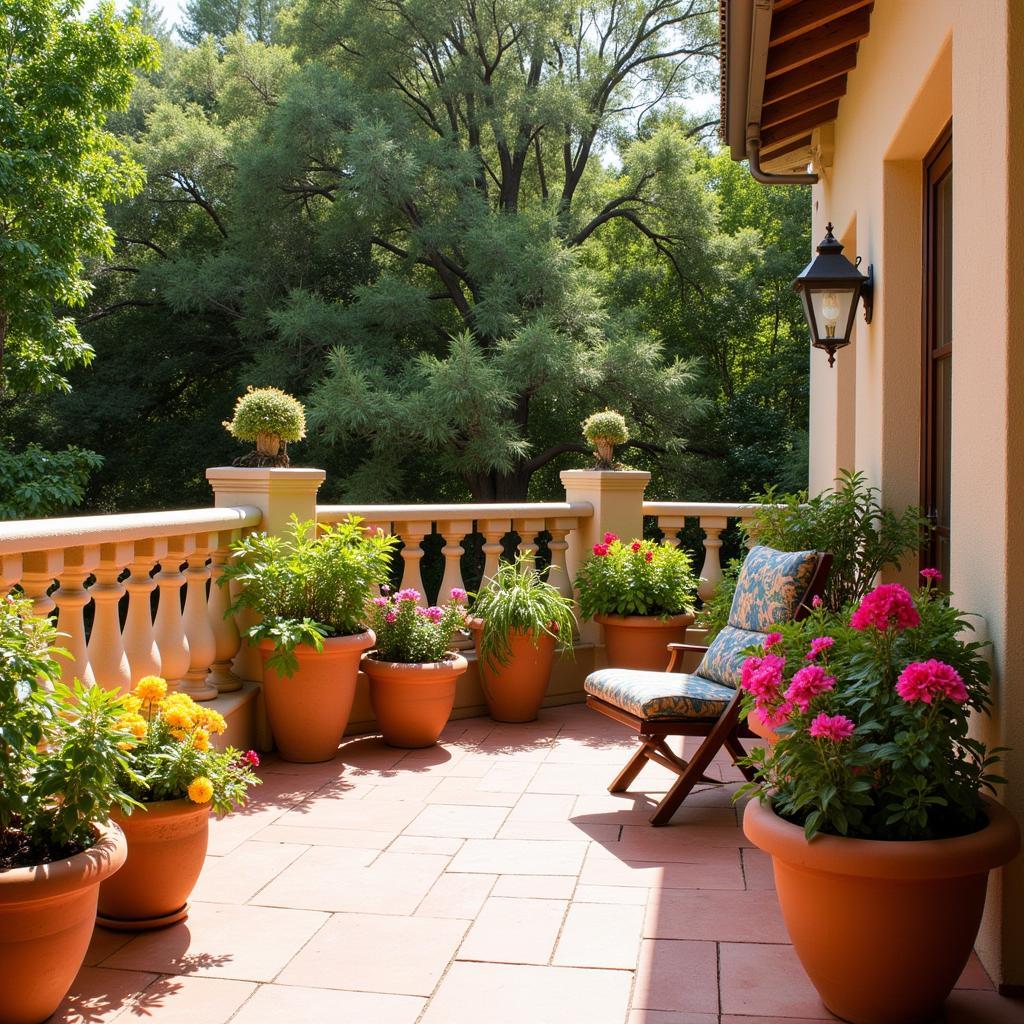 Terracotta maceteros adorn a traditional Spanish balcony, overflowing with vibrant geraniums.