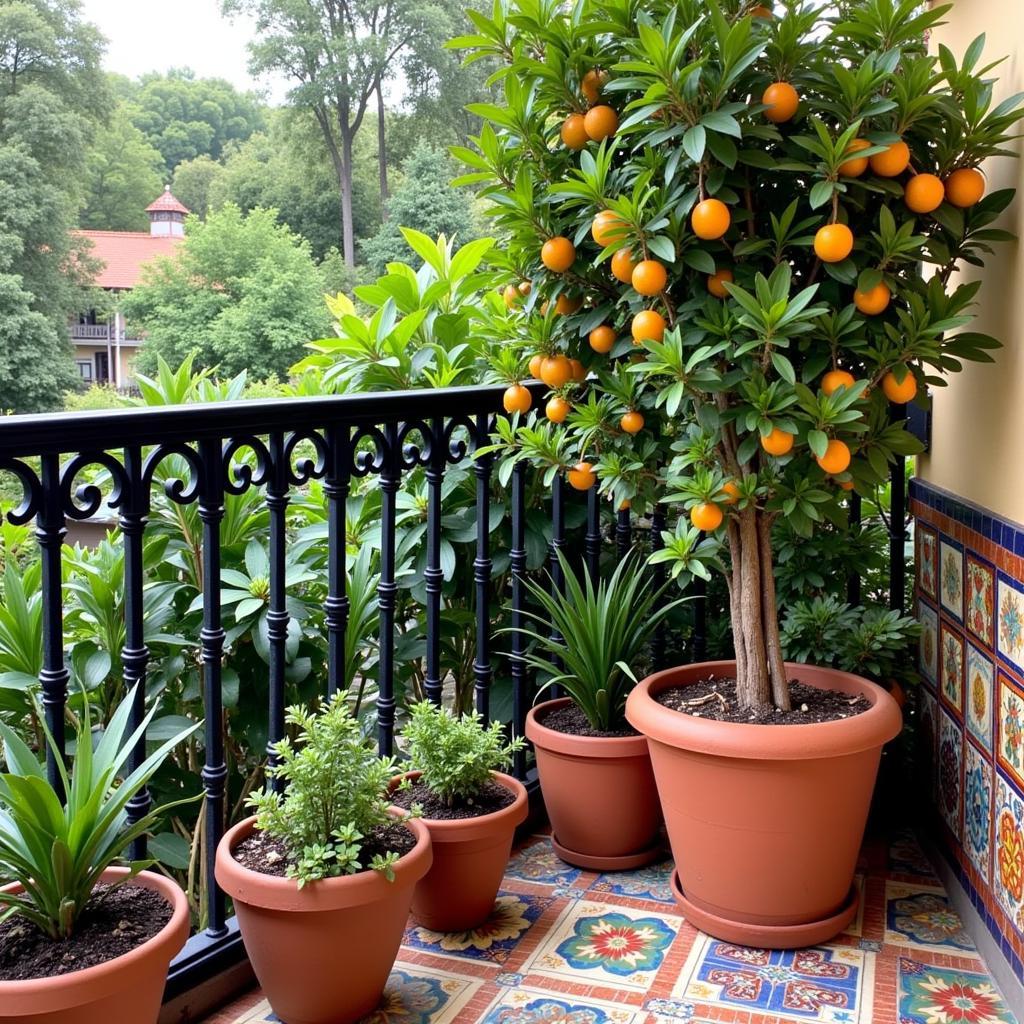 Terracotta pots with tropical plants on a balcony decorated with Spanish tiles