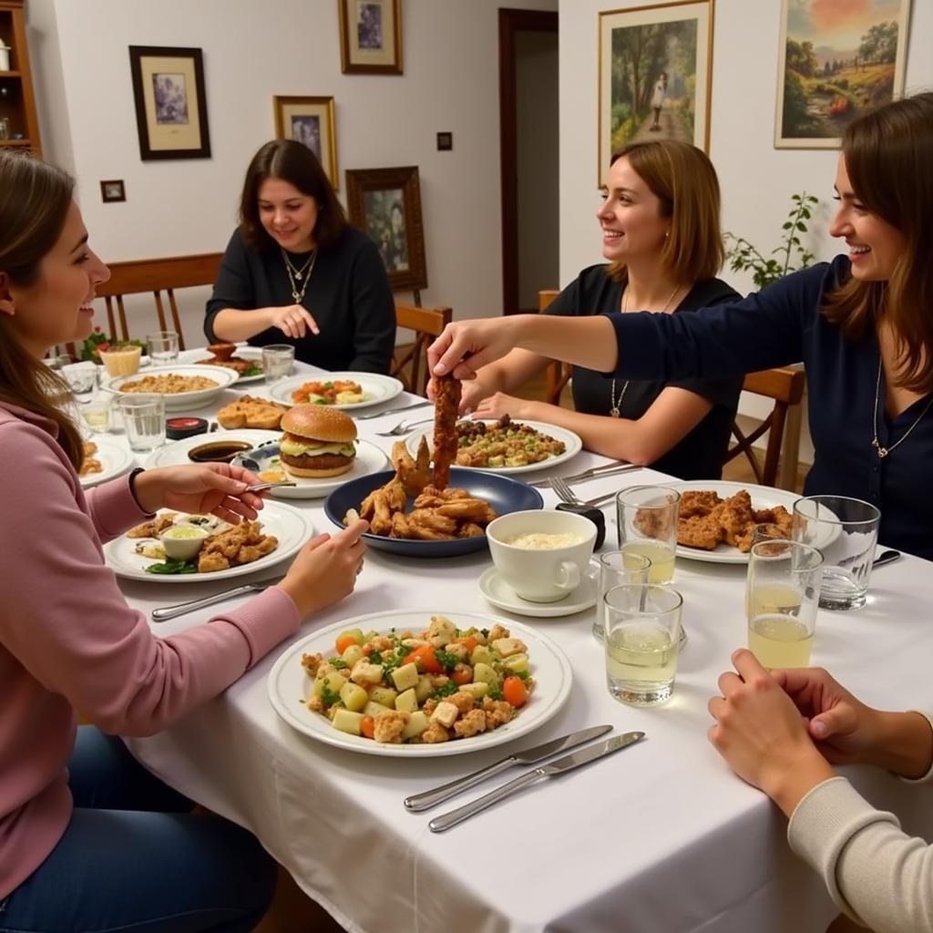 A Spanish family gathered around a table laden with colorful tapas, sharing laughter and stories with their Tessa Home guests.