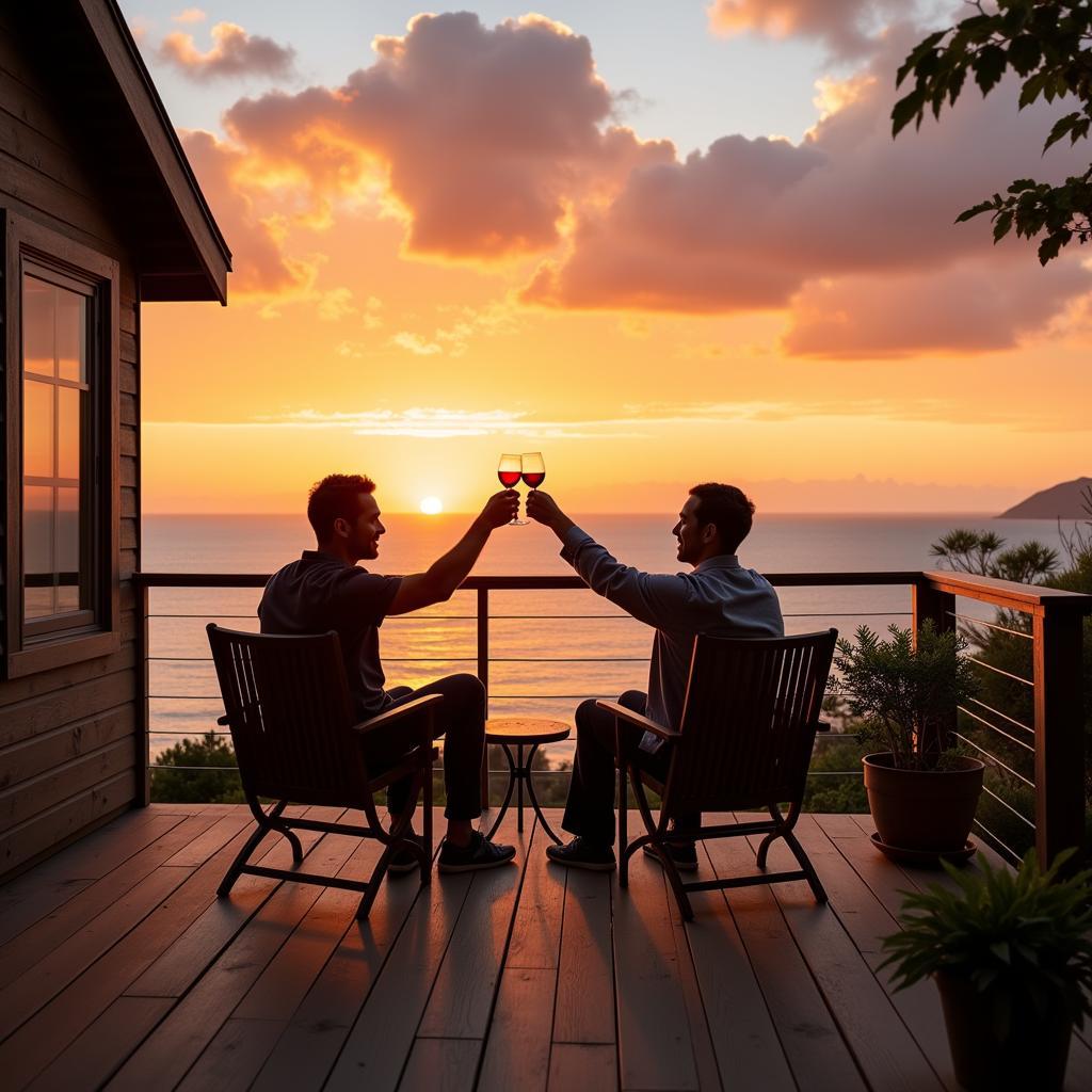 Couple Enjoying Wine on a Tiny Home Deck with Ocean View