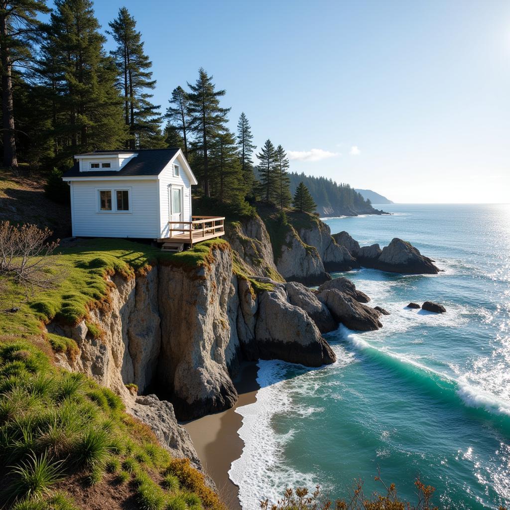 Tiny home parked on a cliff overlooking a beach in Spain