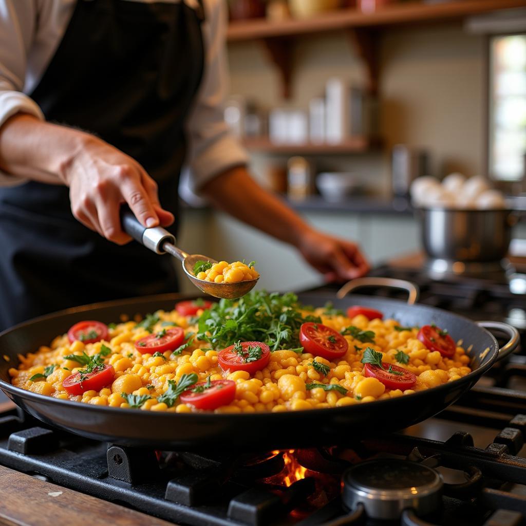 Spanish host preparing Paella in a traditional kitchen