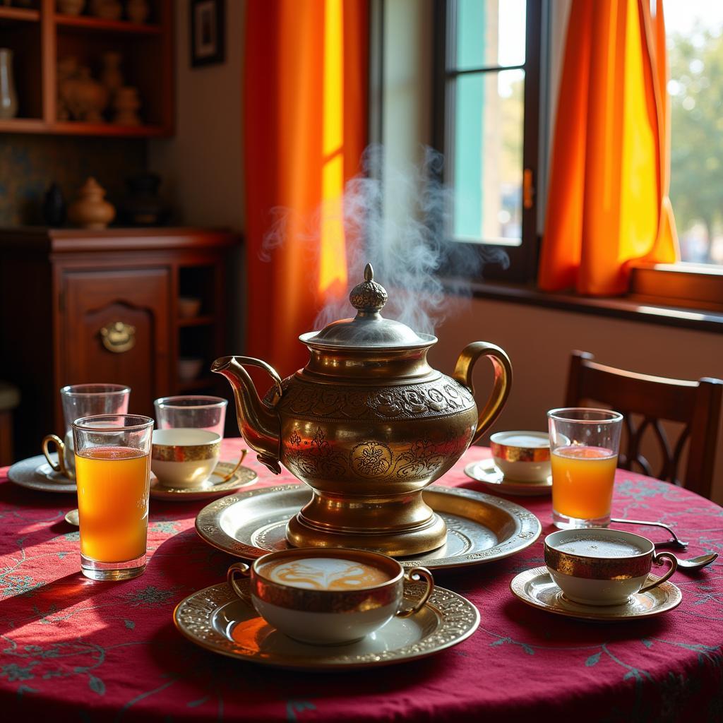 A traditional Moroccan tea ceremony taking place in a cozy Melilla home