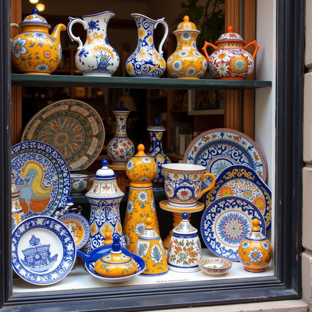 A display of colorful traditional Spanish ceramics in a shop window in Madrid