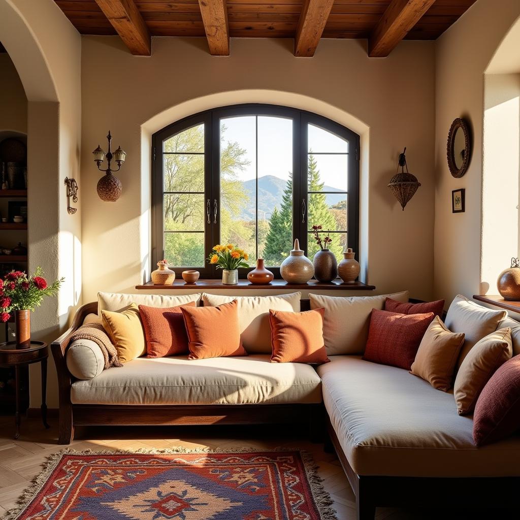 A cozy living room in a traditional Spanish home.