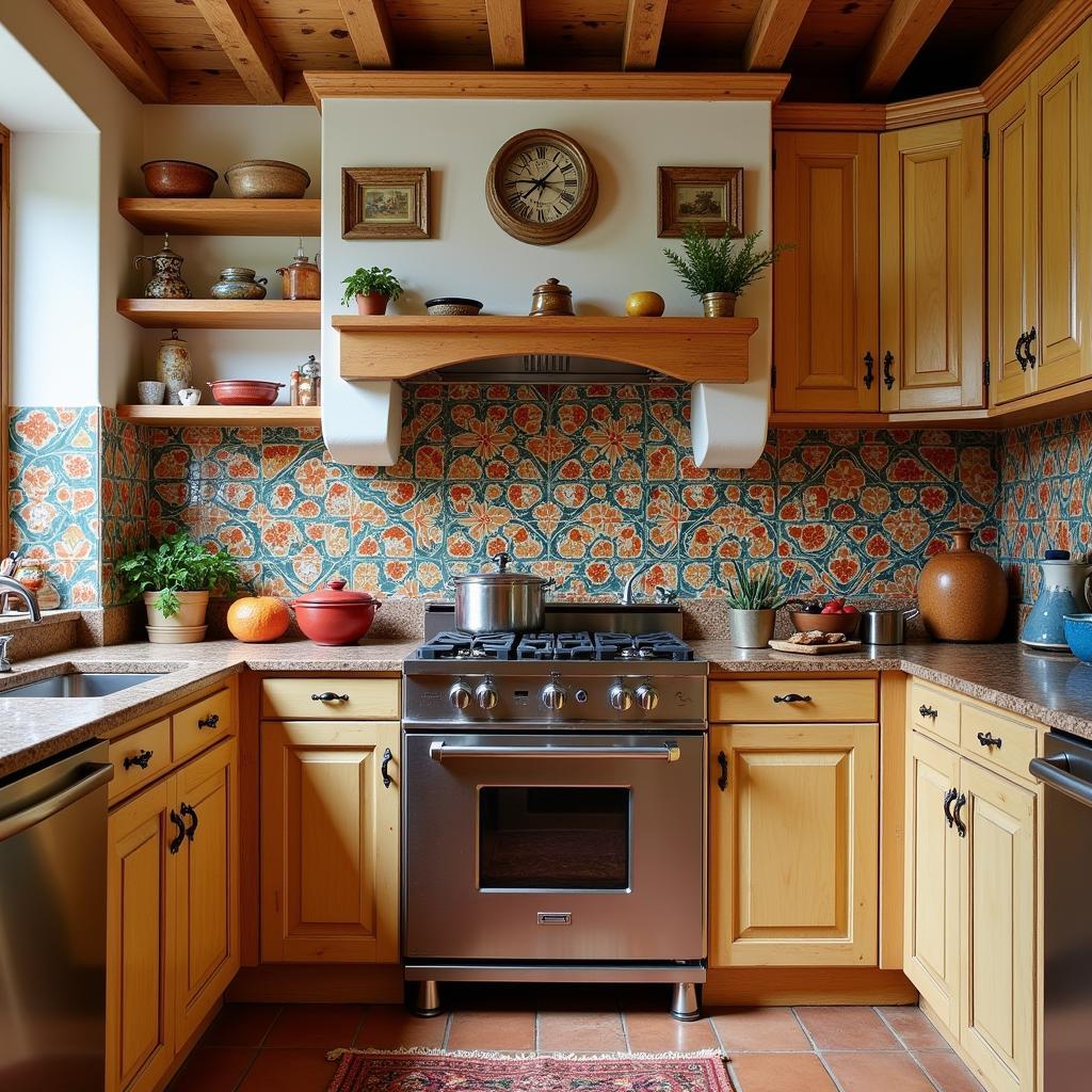 A traditional Spanish kitchen showcasing vibrant hand-painted tiles and rustic "due home muebles"