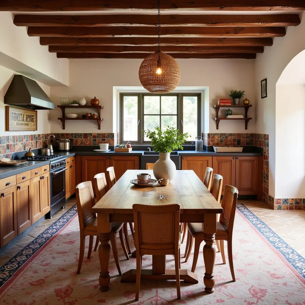 A charming Spanish kitchen featuring a Kave Home dining table, perfect for enjoying a home-cooked meal