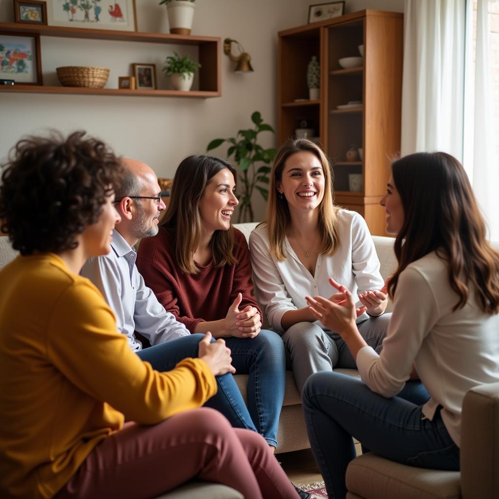 A traveler smiles with their Spanish host family in a cozy living room. 