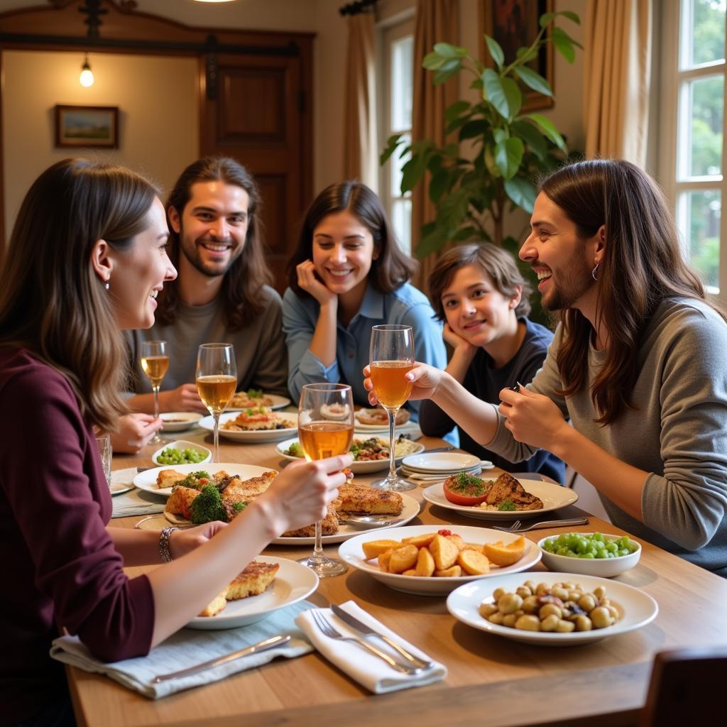 Traveler and host family enjoying a meal together