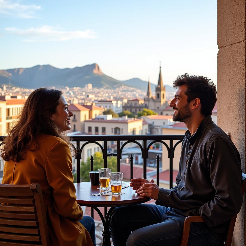  A traveler and their host share a laugh on a balcony overlooking Barcelona