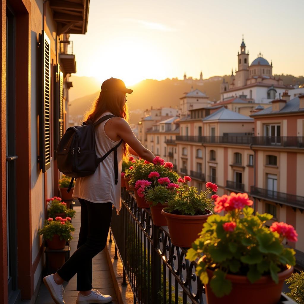 Traveler enjoying the view from a Spanish balcony adorned with flowers