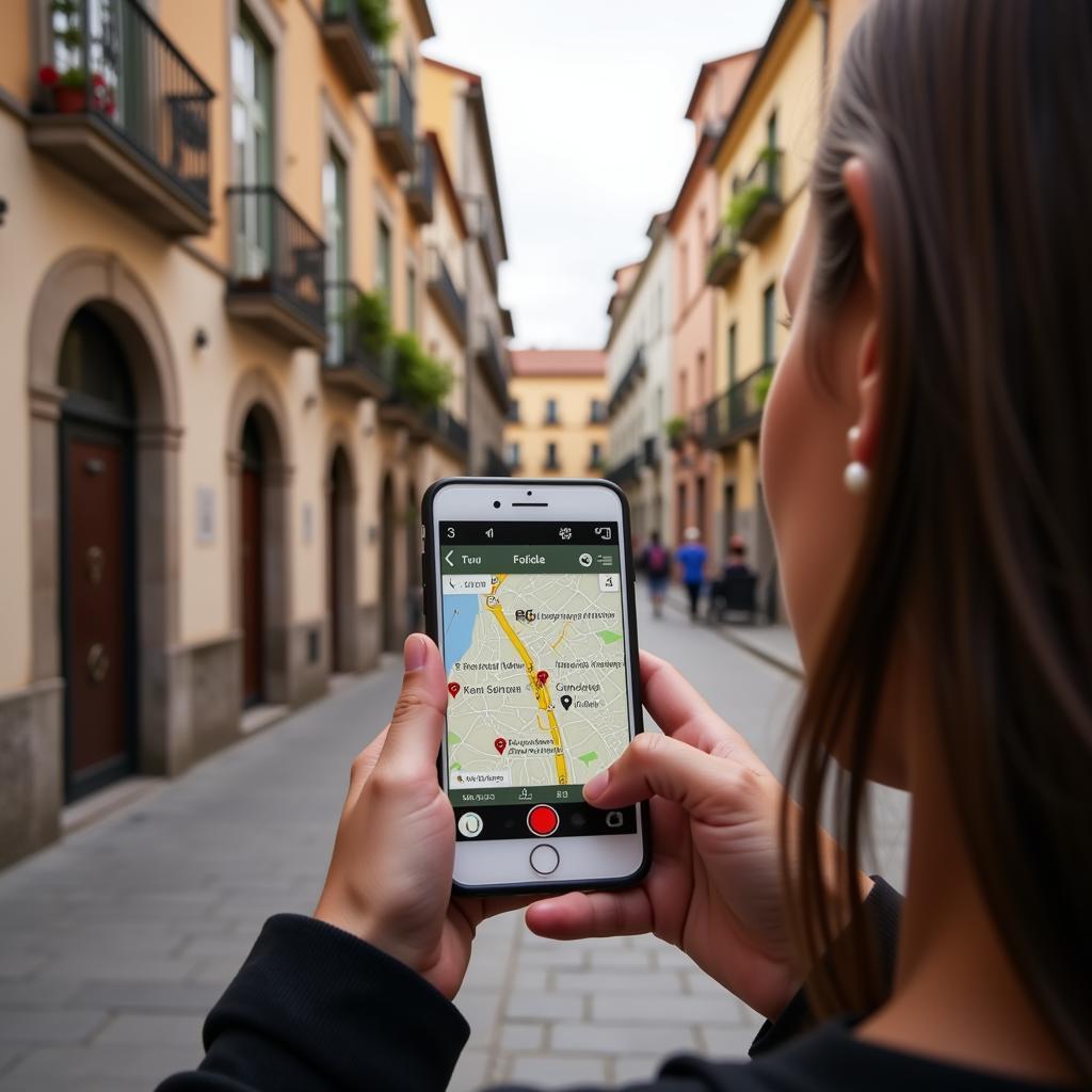 Traveler using phone to navigate Spanish city