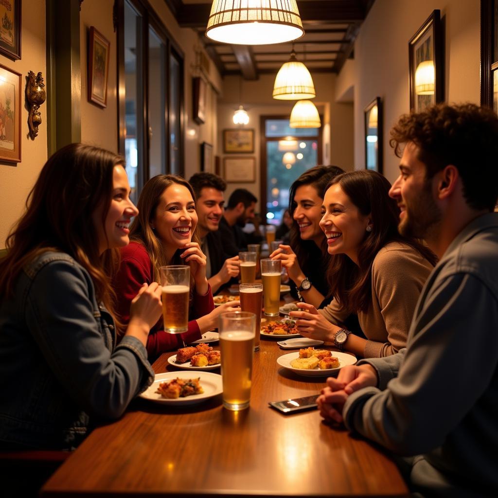 Travelers enjoying tapas and drinks with locals in a Madrid bar