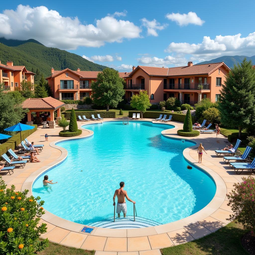 Residents enjoying the outdoor pool and lush green spaces at Tribeka