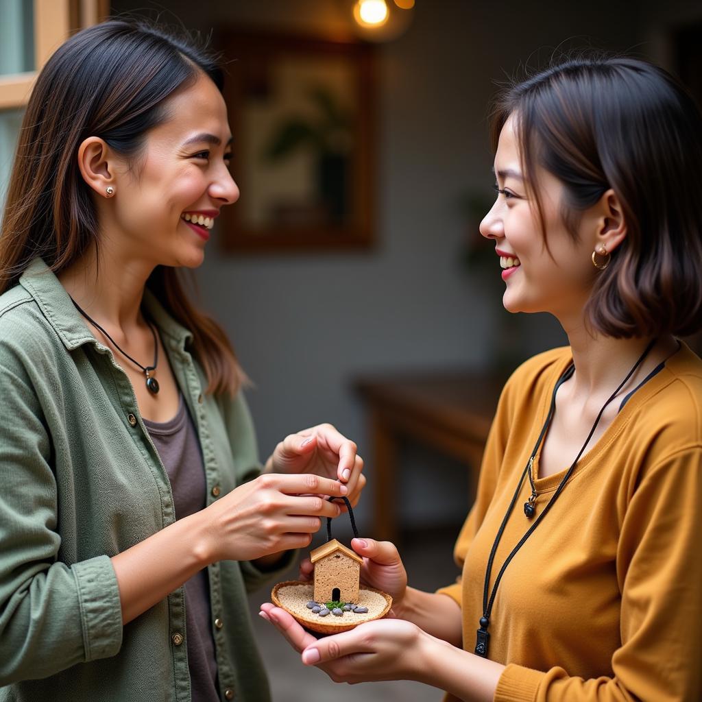 Homestay host giving a "Two Homes Necklace" to a guest