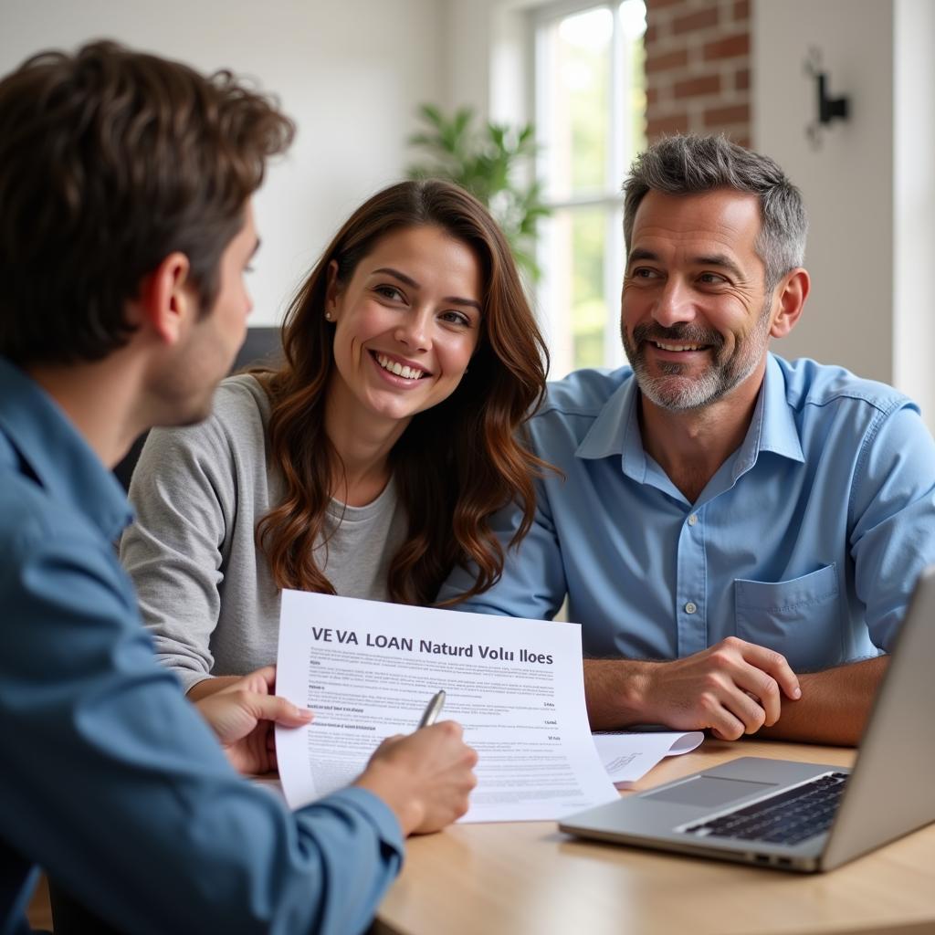 Veteran couple reviewing VA loan benefits with a financial advisor