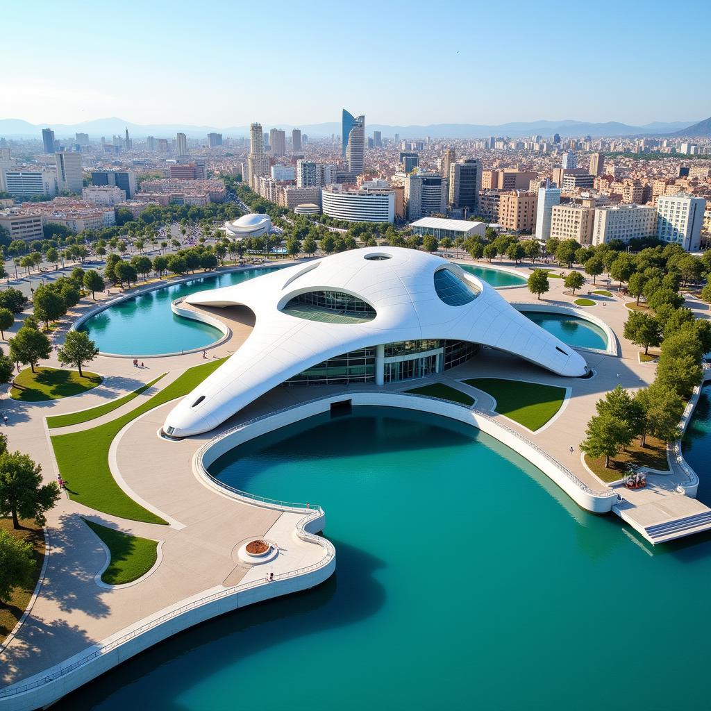 An aerial perspective of the City of Arts and Sciences in Valencia