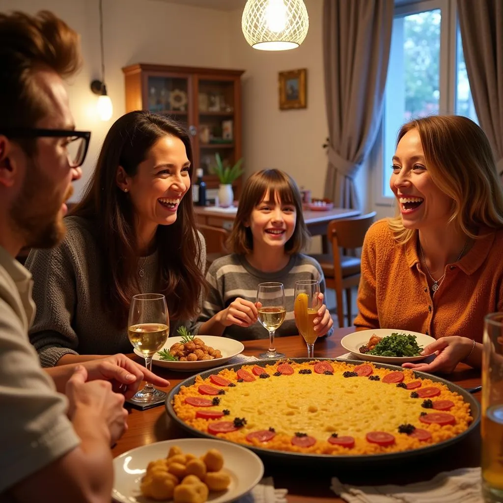 Valencian family enjoying paella in their home