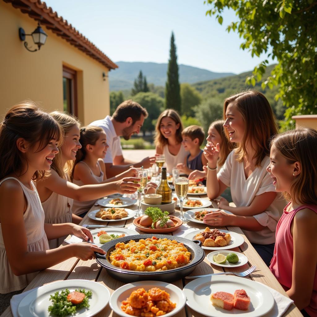 Family enjoying a traditional paella lunch on the terrace of their holiday home in Valencia