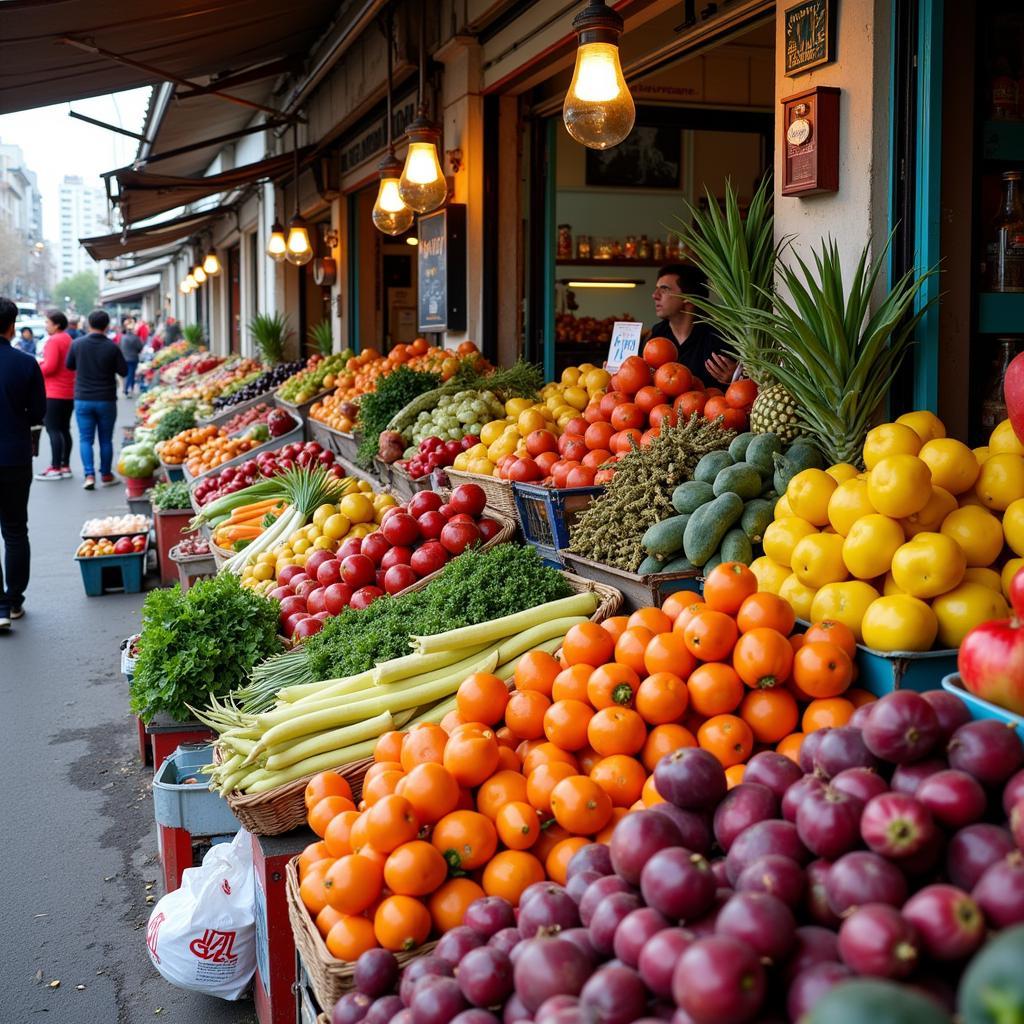 A vibrant display of fresh fruits and vegetables at a local market in Valencia.