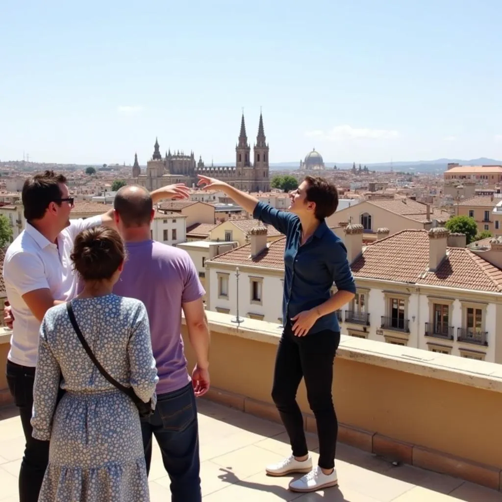 Host pointing out city highlights from a rooftop terrace