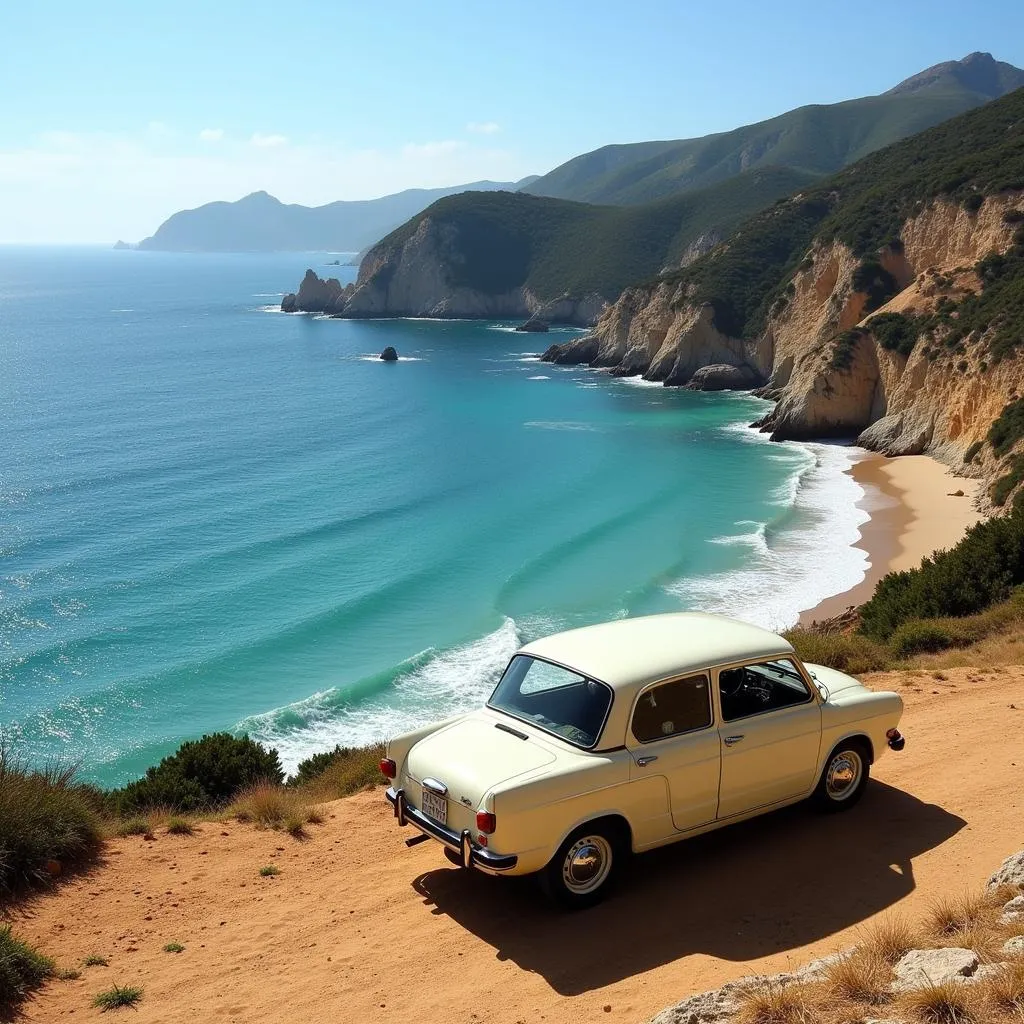 A vintage car parked near a secluded beach in Spain