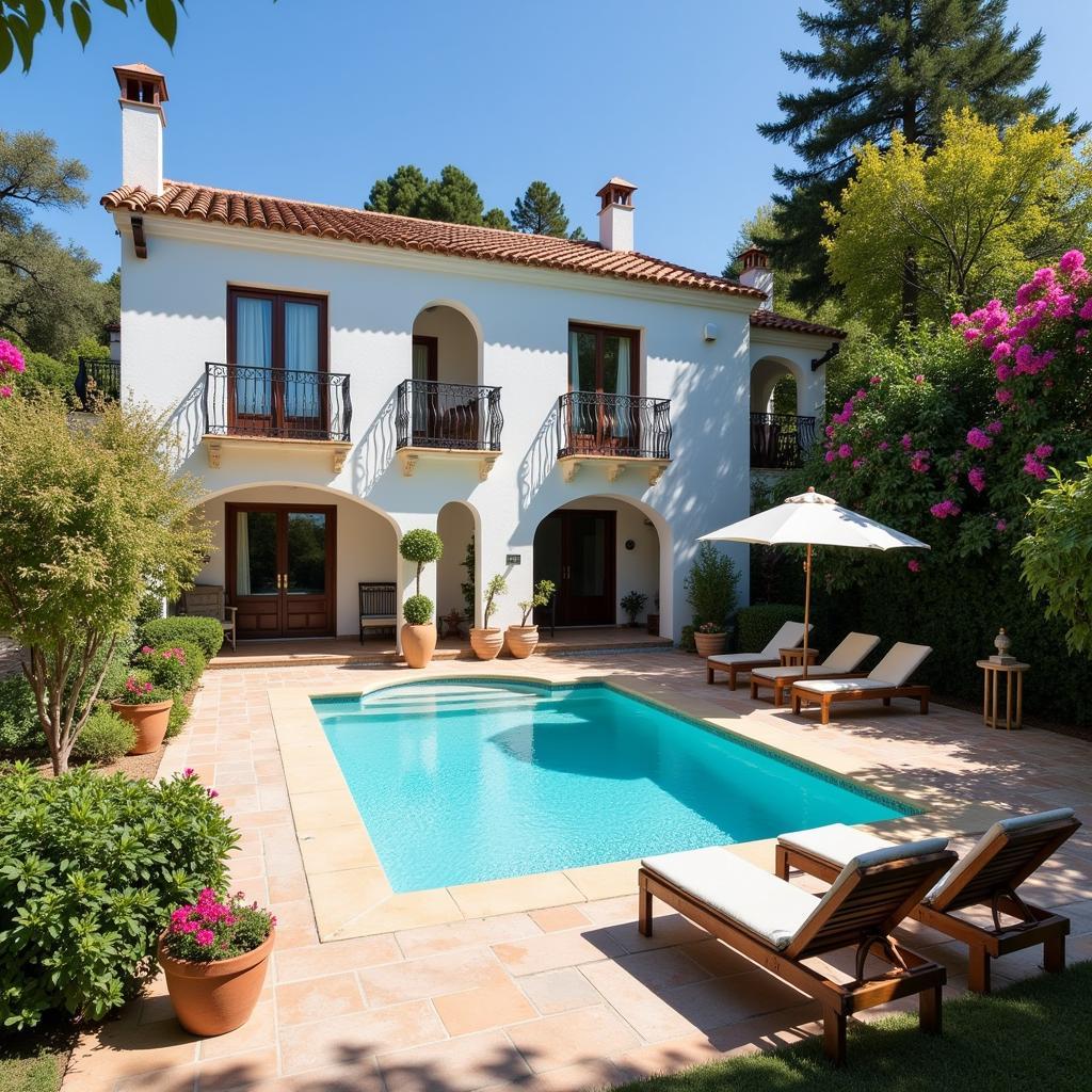 Luxurious exterior of a VIP ruidera home in Ciudad Real, featuring traditional Spanish architecture, a private pool, and lush gardens.