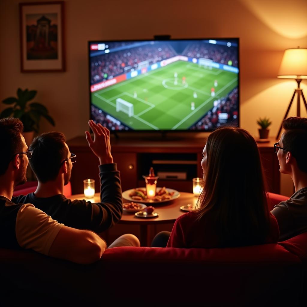 Group of friends cheering while watching a football match on TV in a Spanish home