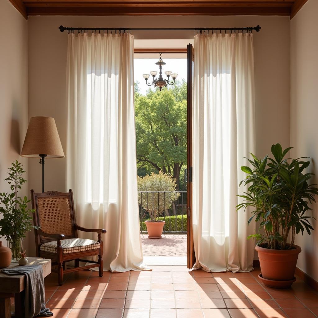 White linen curtains gently filter the sunlight in a Spanish home