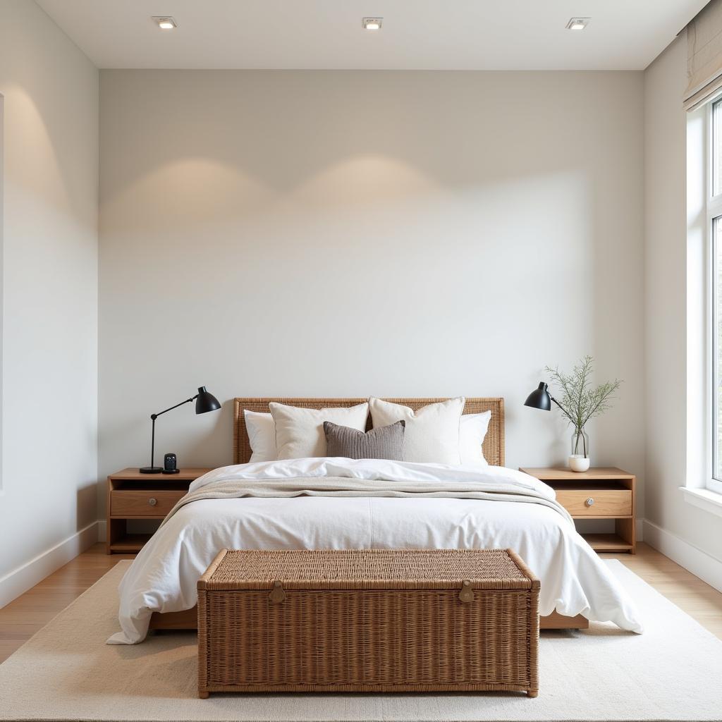 Wicker chest from Zara Home used as a storage solution in a minimalist bedroom.