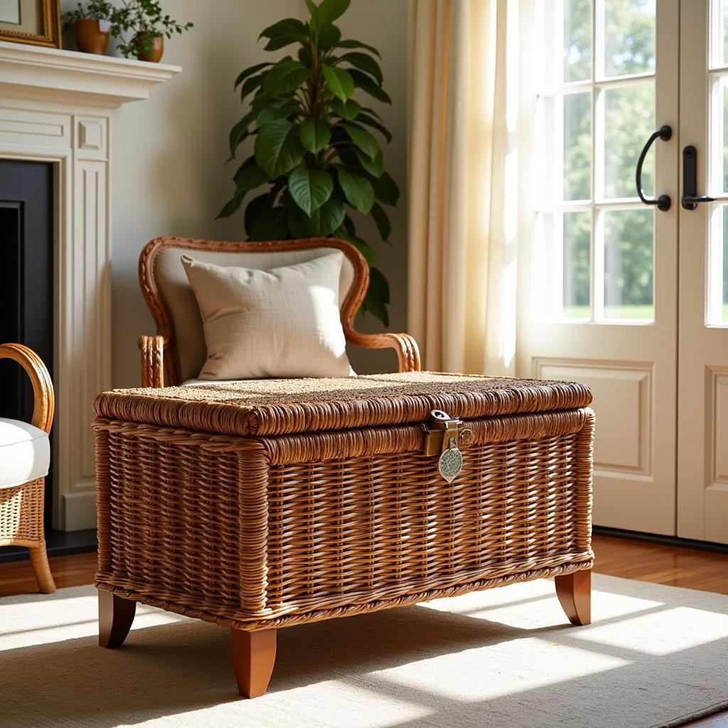 Wicker chest from Zara Home in a cozy living room setting.