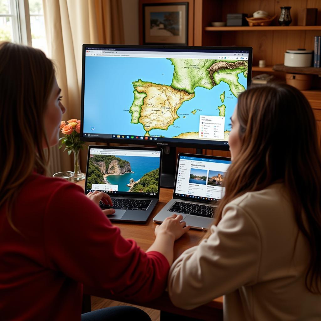 A group of friends planning their Spanish itinerary on a Windows 11 Home desktop