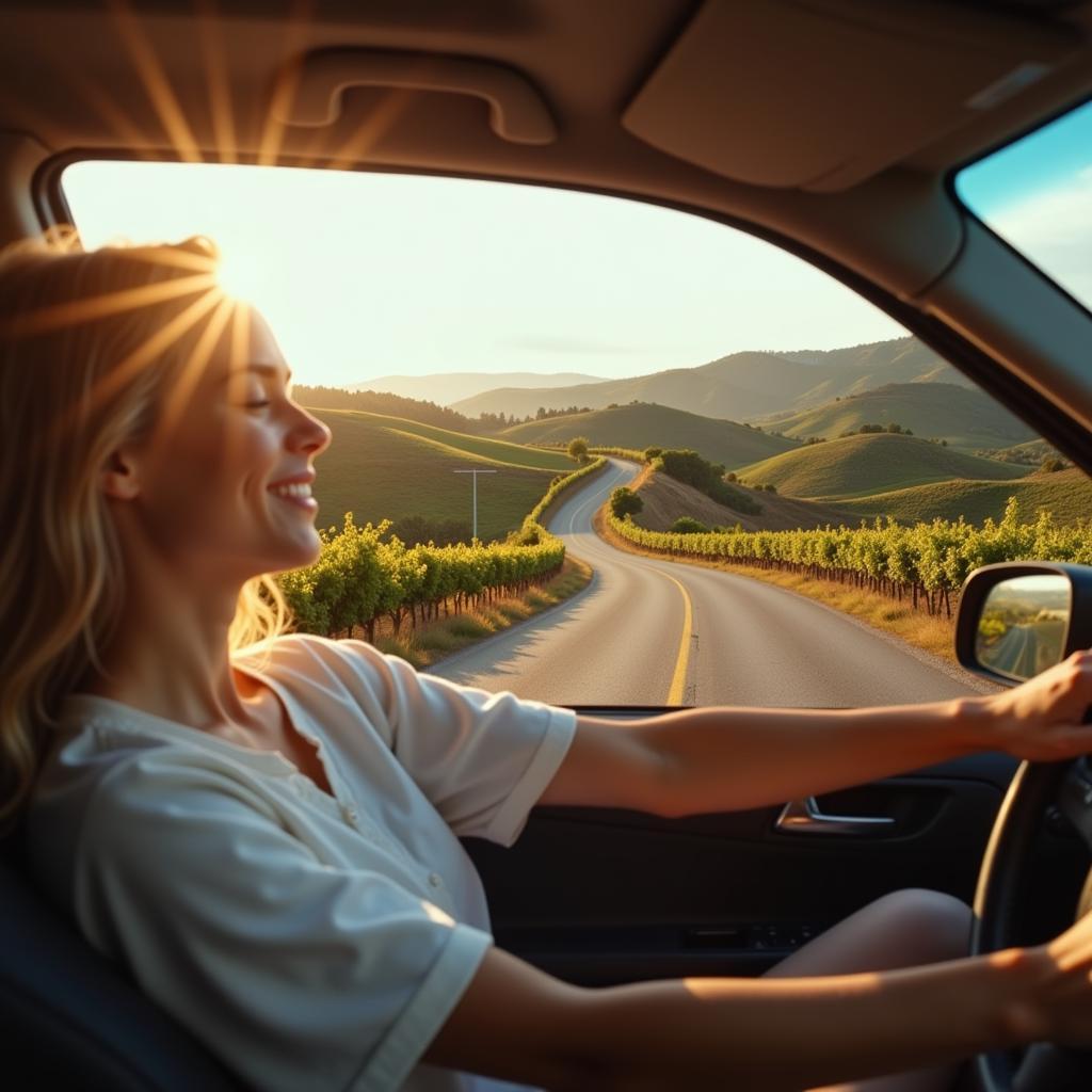 Woman driving a car in the Spanish countryside enjoying the scent of her Zara Home car air freshener